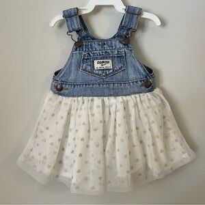 OshKosh B'gosh Girls 6 Month Blue Denim Overall Dress with Cream Tulle Hearts